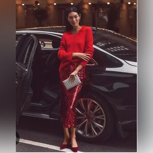 Ann Taylor Red Sequin Midi Skirt